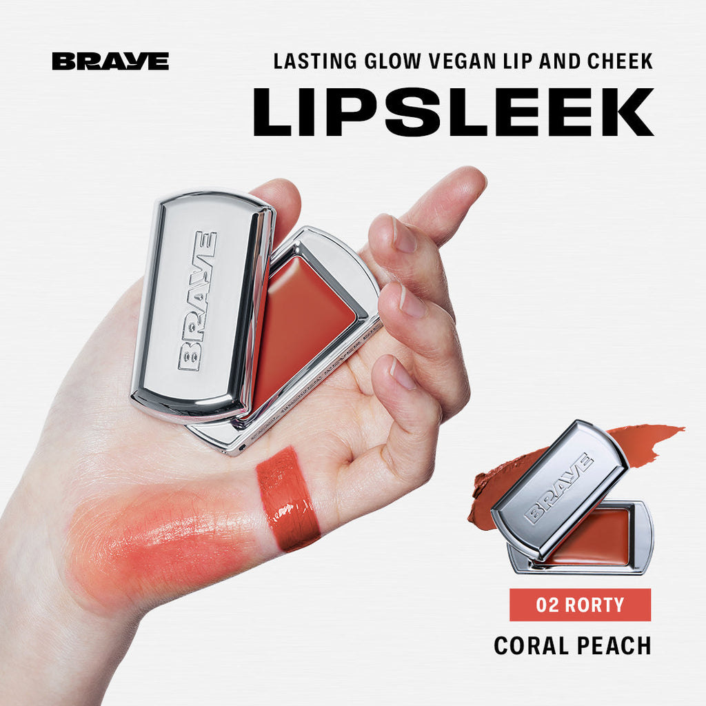 BRAYE Lipsleek 02 Rorty coral peach lip and arm swatch