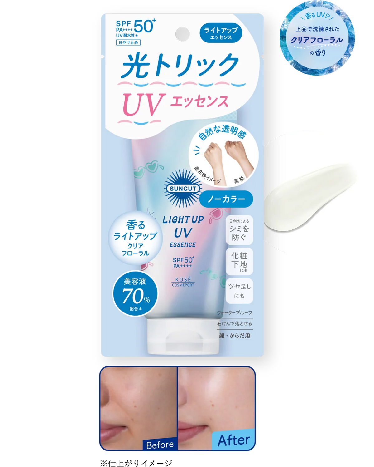 SUNCUT Light Up UV Essence 官方產品及自然光澤妝效詳圖